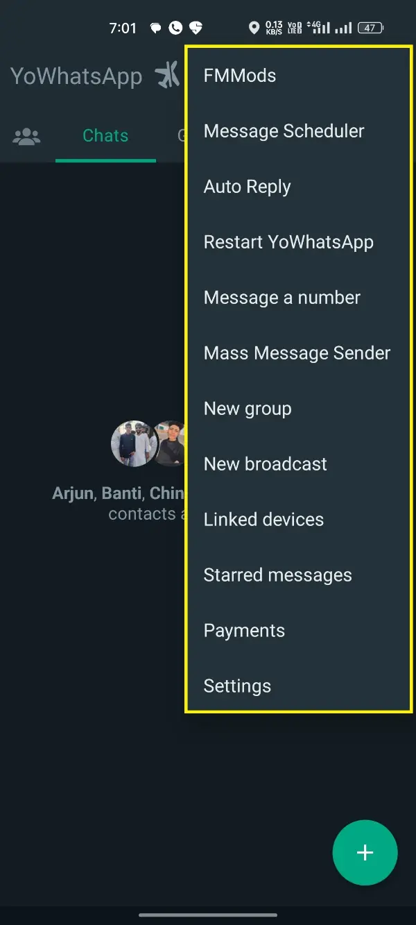 YoWhatsApp Three Dot menu