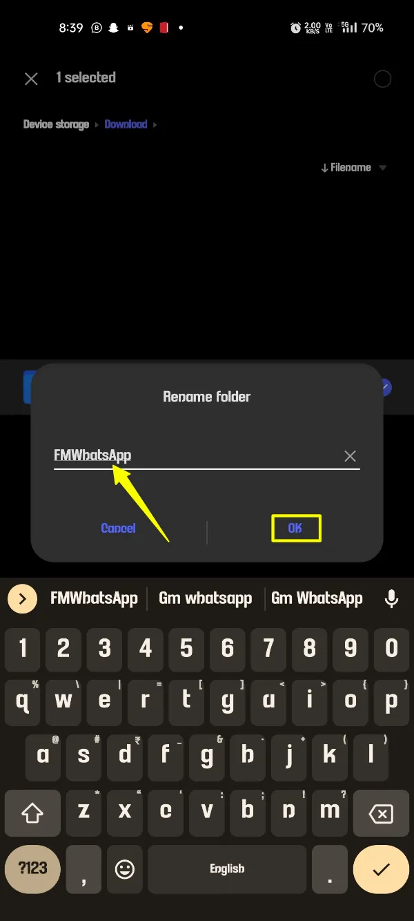 Ganti nama Folder WhatsApp menjadi FMWhatsApp
